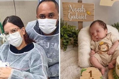 Noah Gabriel, o beb&ecirc; que foi dado como morto e sobreviveu, em registros que mostram sua recupera&ccedil;&atilde;o no hospital e celebra&ccedil;&atilde;o da vida -  (crédito:  Acervo pessoal)