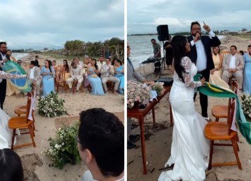 Casal Luc&atilde;o e Ruth Castelo Branco usa cerim&ocirc;nia de casamento na praia para declarar apoio pol&iacute;tico e exibir a bandeira do Brasil -  (crédito: Redes sociais)