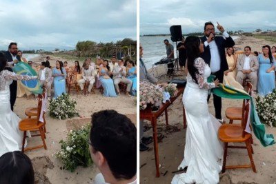 Casal Luc&atilde;o e Ruth Castelo Branco usa cerim&ocirc;nia de casamento na praia para declarar apoio pol&iacute;tico e exibir a bandeira do Brasil -  (crédito: Redes sociais)