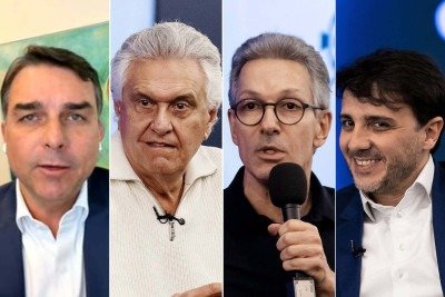Montagem com Flávio Bolsonaro, Ronaldo Caiado, Romeu Zema e Renan Santos durante sabatina do site O Antagonista e da G4  -  (crédito: Divulgação)