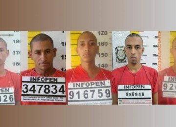 Dos oitos detentos que escaparam, cinco seguem foragidos: Daniel Pereira Costa, Gilmar Ferreira Santos, Kennedy Fábio Gomes da Silva, Rodrigo Severiano Pessoa e Wellington Souza Nunes. (Foto na sequência da esquerda para a direita)  -  (crédito: Divulgação/Sejusp)