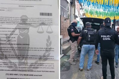 Documento fraudulento usado no 'golpe da Carta Premiada' e agentes da Pol&iacute;cia Civil que combateram o estelionato contra idosos -  (crédito: Pol&iacute;cia Civil da Bahia)