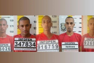 Dos oitos detentos que escaparam, cinco seguem foragidos: Daniel Pereira Costa, Gilmar Ferreira Santos, Kennedy Fábio Gomes da Silva, Rodrigo Severiano Pessoa e Wellington Souza Nunes. (Foto na sequência da esquerda para a direita)  -  (crédito: Divulgação/Sejusp)