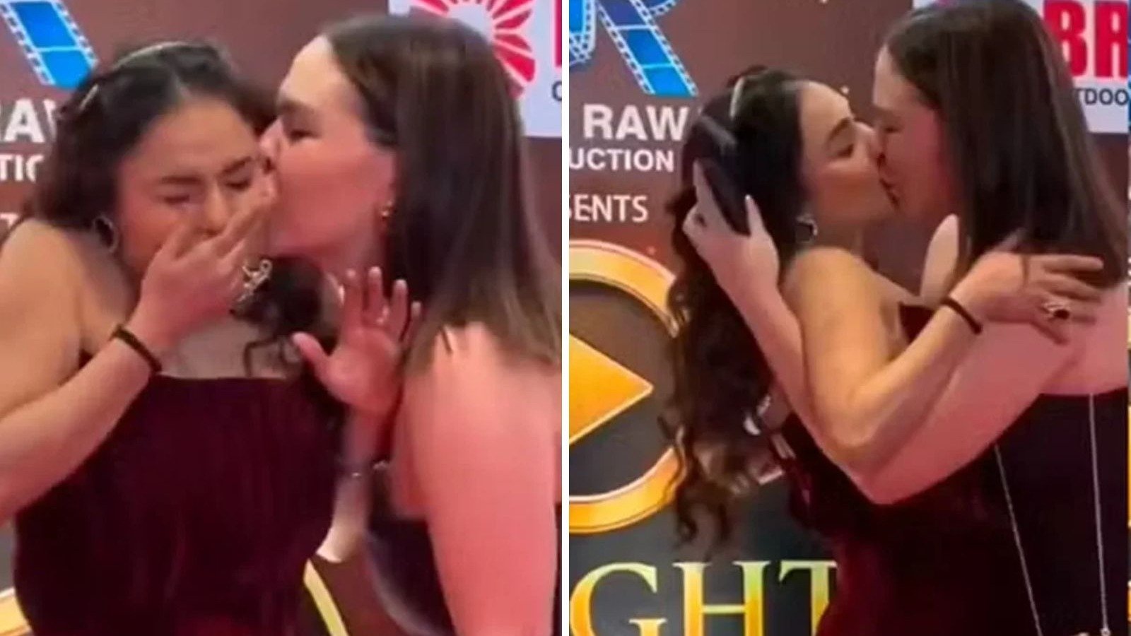 A atriz Nikita Rawal reage ap&oacute;s ser beijada &agrave; for&ccedil;a por uma f&atilde; durante o Bright OTT &amp; Style Awards em Mumbai -  (crédito: Redes sociais)