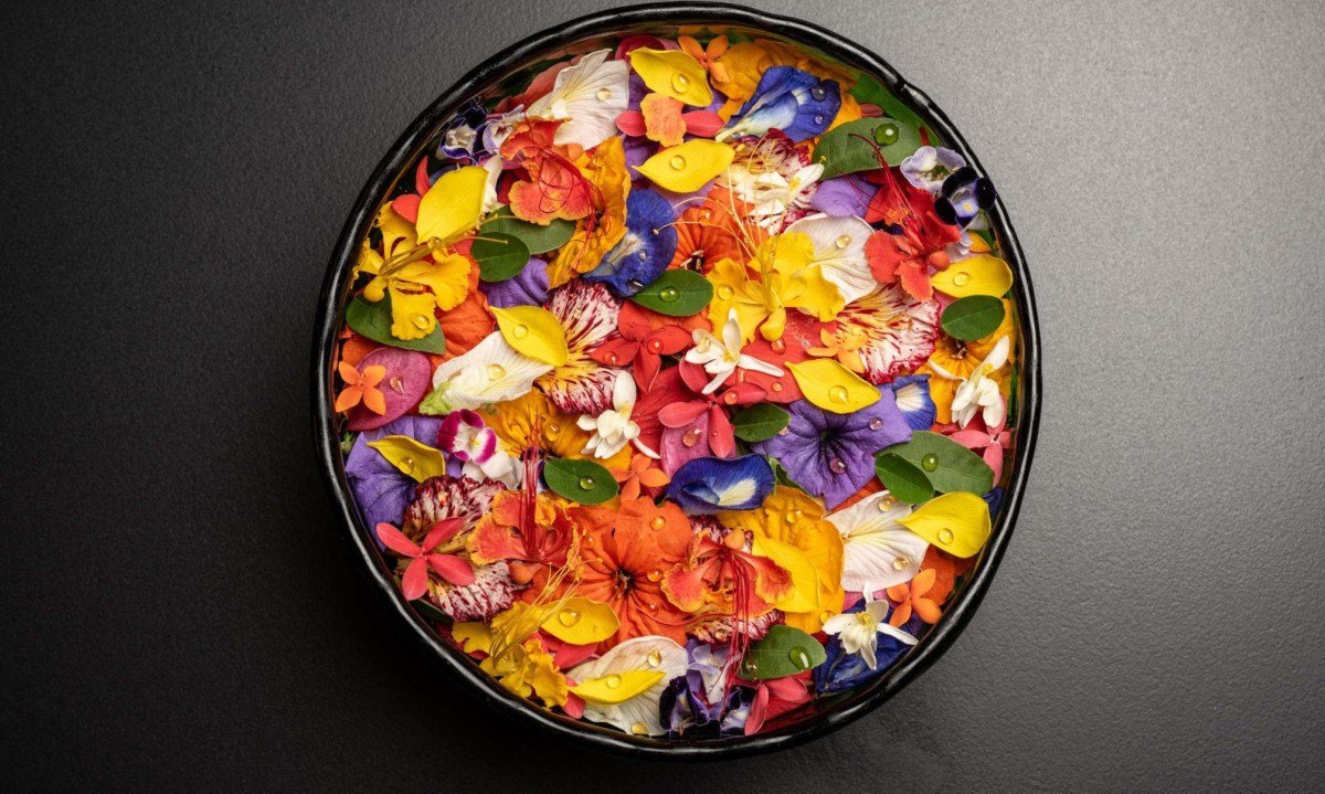Salada com muitas flores caribenhas e caldo de caju fresco com castanhas do Celele