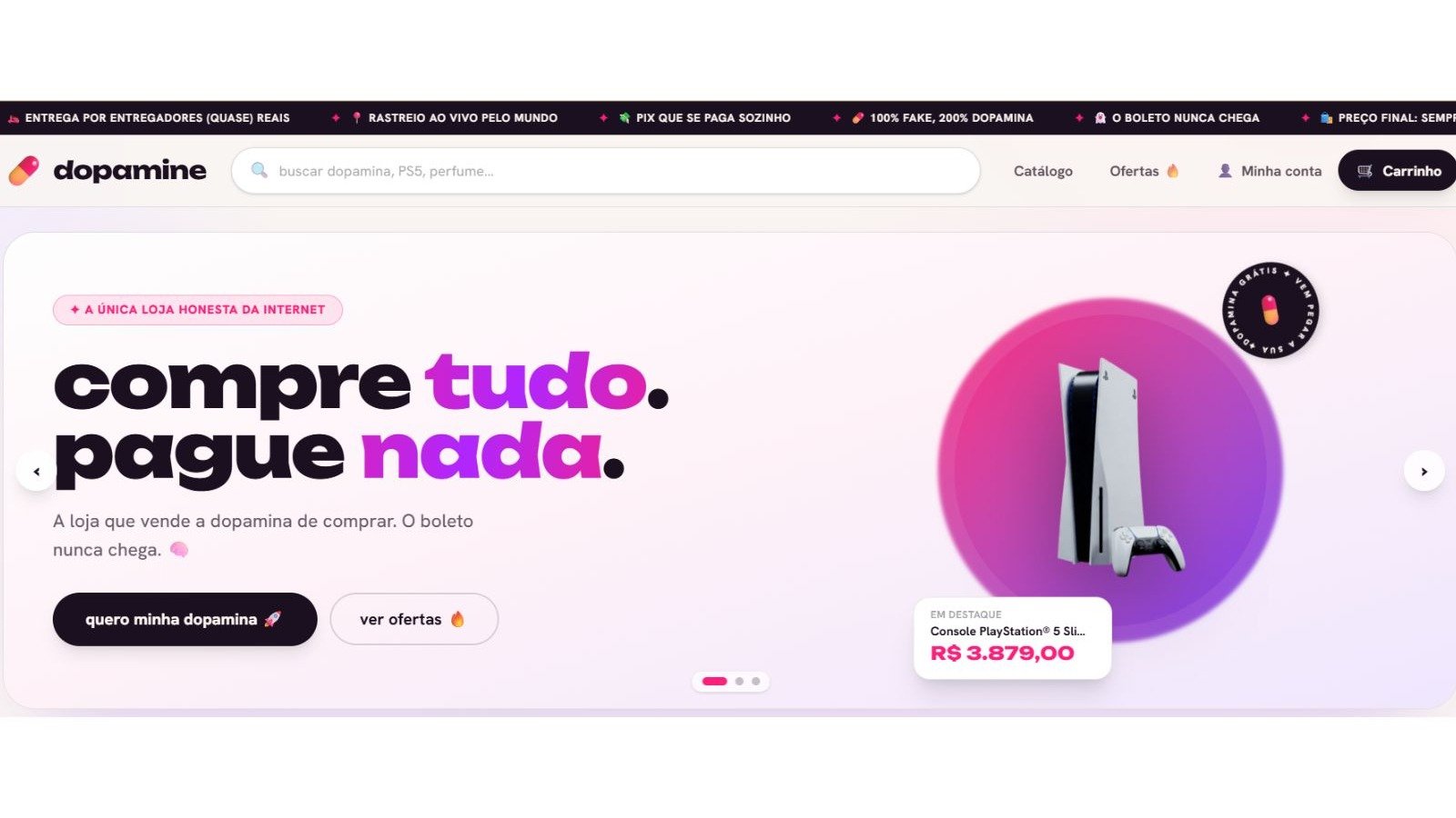 Interface de um site de dopamina que simula a experi&ecirc;ncia de compras online para ativar o prazer da antecipa&ccedil;&atilde;o -  (crédito: Dopamine Shopping)