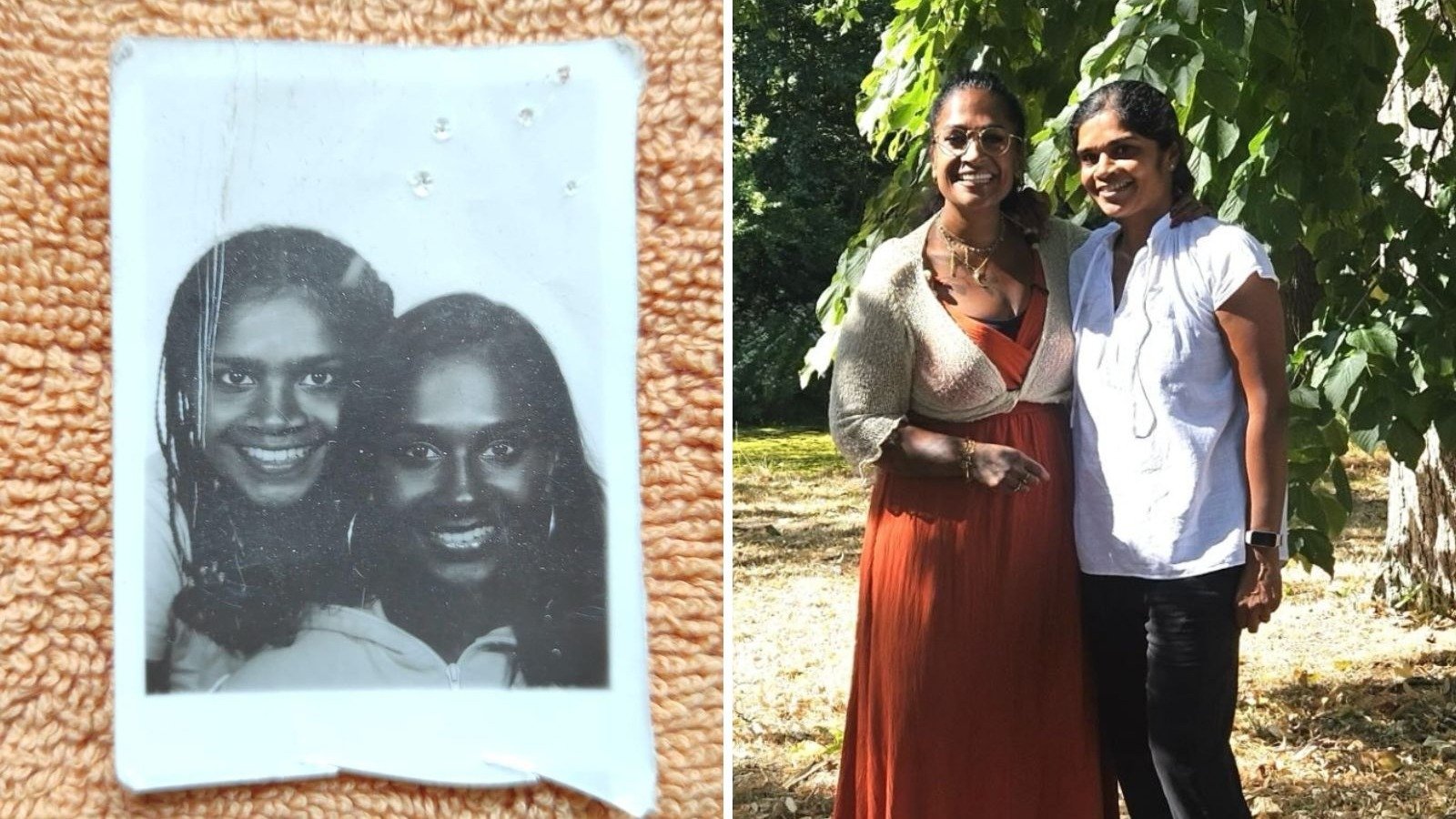 Meena e Minal em registro de 1996 e no reencontro, ap&oacute;s descobrirem serem irm&atilde;s biol&oacute;gicas -  (crédito: Minal Tijsse )
