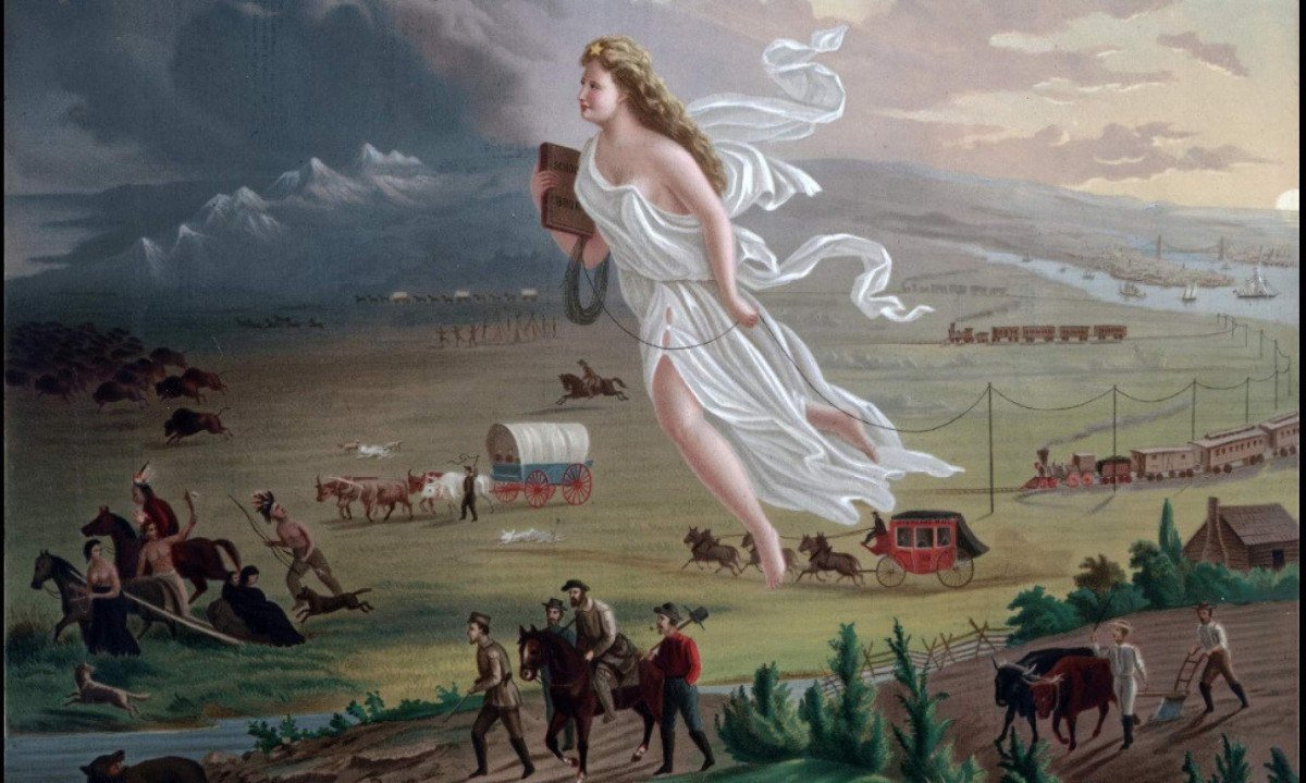 Em American Progress (1872), John Gast transformou em alegoria o sonho de expans&atilde;o dos Estados Unidos: &agrave; frente, a luz do "progresso"; para tr&aacute;s, povos ind&iacute;genas, animais e um mundo empurrado para as sombras. A pintura tornou-se uma das imagens mais emblem&aacute;ticas do Destino Manifesto, a cren&ccedil;a de que o pa&iacute;s estava destinado a avan&ccedil;ar sobre o continente.