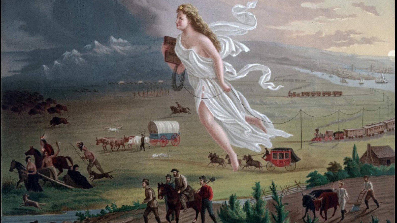 Em American Progress (1872), John Gast transformou em alegoria o sonho de expans&atilde;o dos Estados Unidos: &agrave; frente, a luz do "progresso"; para tr&aacute;s, povos ind&iacute;genas, animais e um mundo empurrado para as sombras. A pintura tornou-se uma das imagens mais emblem&aacute;ticas do Destino Manifesto, a cren&ccedil;a de que o pa&iacute;s estava destinado a avan&ccedil;ar sobre o continente.