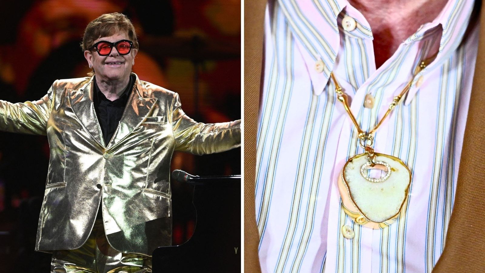 Elton John posa enquanto usa um colar feito de uma de suas r&oacute;tulas, destacando a inusitada paix&atilde;o do artista por joias de ouro -  (crédito: AFP)