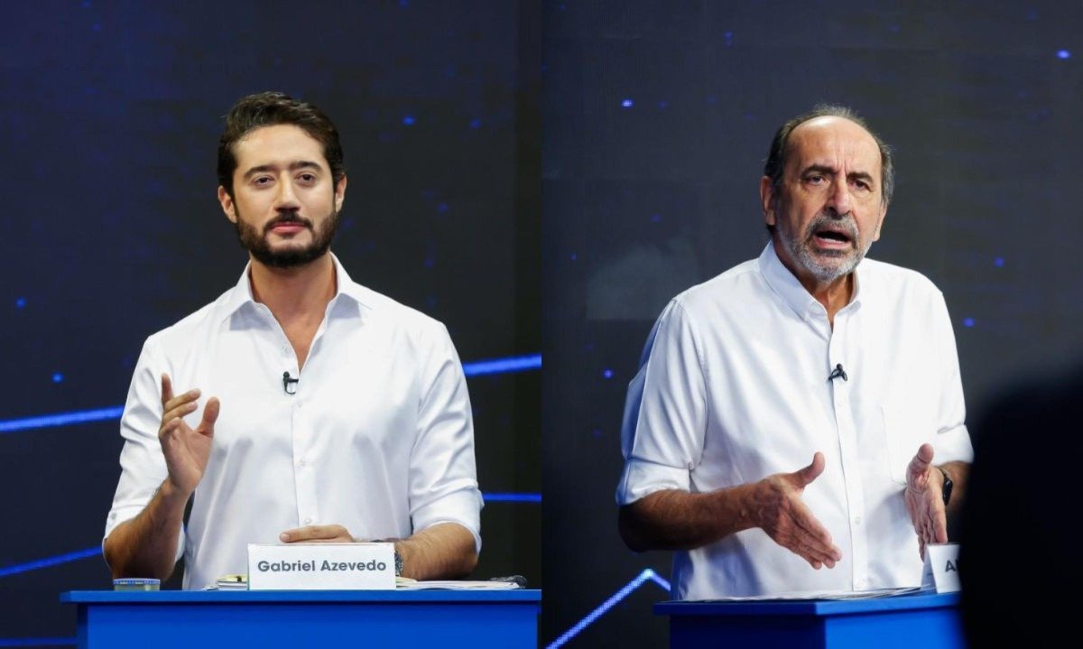 O candidato ao governo de Minas Gabriel Azevedo acusa o também candidato Alexandre Kalil de tê-lo ameaçado de agressão com soco em debate da Band
- (crédito: Júnia Garrido/Band Minas)