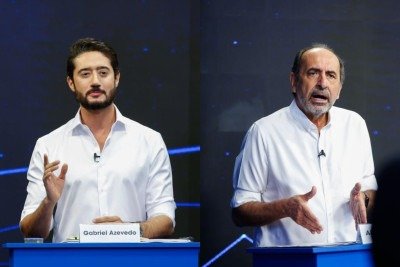 O candidato ao governo de Minas Gabriel Azevedo acusa o também candidato Alexandre Kalil de tê-lo ameaçado de agressão com soco em debate da Band
 -  (crédito: Júnia Garrido/Band Minas)