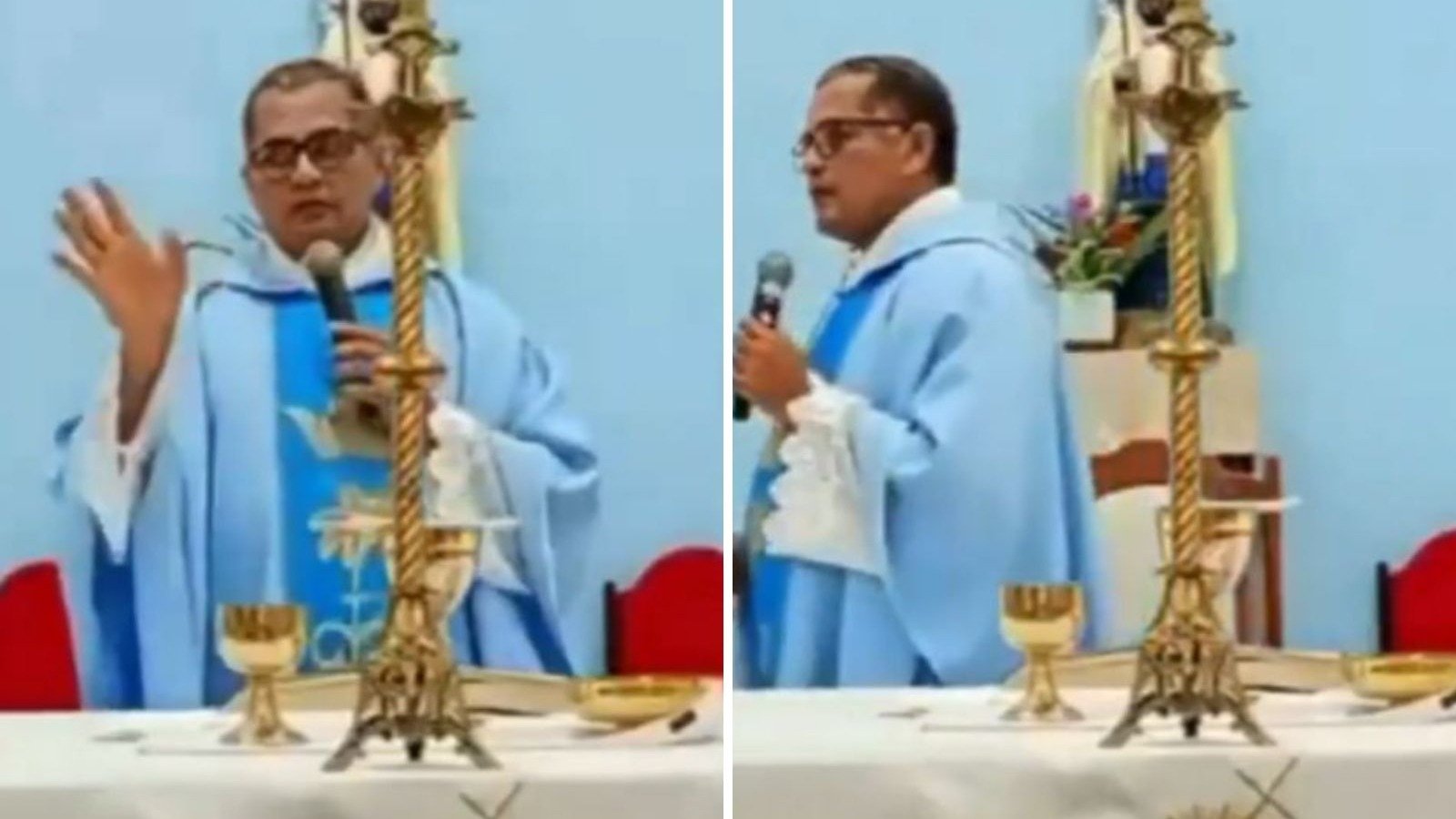 O padre c&ocirc;nego Karol Wojtyla durante a missa que foi interrompida por um tiroteio em Lauro de Freitas, na Bahia -  (crédito: redes sociais)