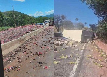 Carreta transportava carga de detergentes, que se espalharam pelas duas pistas -  (crédito: Redes Sociais/Reprodu&ccedil;&atilde;o)