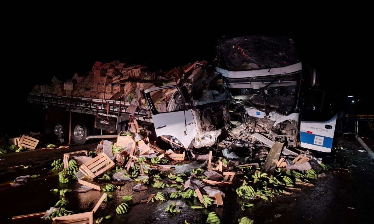 Ônibus transportava 15 passageiros e, assim como o caminhão, ficou completamente destruído após colisão com um caminhão na BR-116 - (crédito: CBMMG/Reprodução)