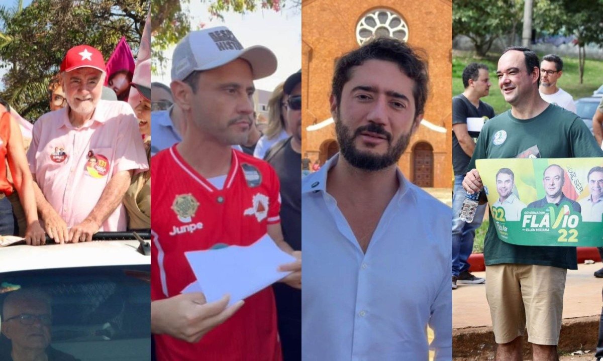 Candidatos ao governo de MG Patrus Ananias (PT), Cleitinho (Republicanos), Gabriel Azevedo (MDB) e Flávio Roscoe (PL) em agendas do sábado (22/8) - (crédito: Divulgação/Patrus Ananias - Divulgação/Cleitinho - Divulgação/Gabriel Azevedo - Thiago Smith/Equipe Bruno Engler)
