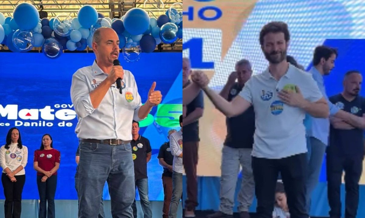 Mateus Simões (PSD) e Marcelo Aro (MDB) em evento de lançamento de campanha em Ibirité, na Grande BH, neste sábado (23/8) - (crédito: Divulgação/Campanha Mateus Simões e Reprodução/Instagram @marceloaro)
