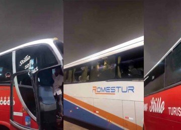 &ocirc;nibus de fi&eacute;is foram apedrejados na BR-040, em Nova Lima ap&oacute;s show godspell. Foram confundidos com transportes para torcedores -  (crédito: Reprodu&ccedil;&atilde;o/Redes Sociais)