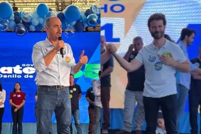 Mateus Simões (PSD) e Marcelo Aro (MDB) em evento de lançamento de campanha em Ibirité, na Grande BH, neste sábado (23/8) -  (crédito: Divulgação/Campanha Mateus Simões e Reprodução/Instagram @marceloaro)