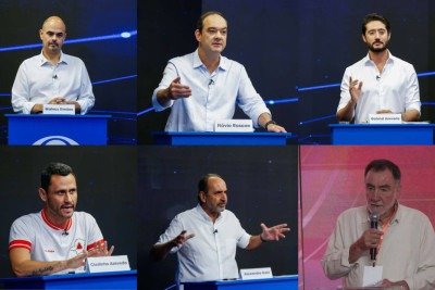 Candidatos ao governo de Minas Gerais Mateus Simões (PSD), Flávio Roscoe (PL), Gabriel Azevedo (MDB), Cleitinho (Republicanos), Alexandre Kalil (PDT) e Patrus Ananias (PT) -  (crédito: Júnia Garrido/Band Minas/Divulgação e Edésio Ferreira/EM/D.A. Press)