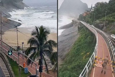 Ressaca com ondas de até 3 metros surpreende cariocas e força a interdição de trecho da Ciclovia Tim Maia -  (crédito: Tupi)