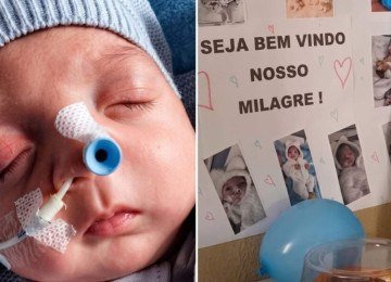 Recém-nascido sobrevive após ser colocado em saco funerário e família comemora 'milagre' com festa dois meses depois da falha técnica que mudou sua vida -  (crédito: Tupi)