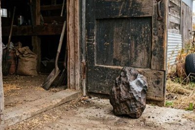 O meteorito Edmore, antes um peso de porta, repousa na entrada do celeiro de uma fazenda em Michigan -  (crédito: Divulga&ccedil;&atilde;o)
