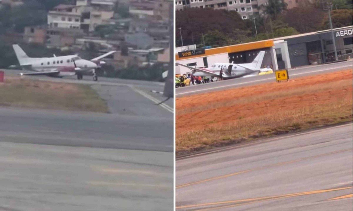 Uma das asas e parte da fuselagem do avião se chocaram contra o solo após, aparentemente, um dos trens de pouso falhar - (crédito: Reprodução)