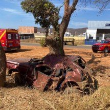 Jovem bate em árvores, carro fica retorcido e ele sobrevive em MG - Corpo de Bombeiros/Reprodução