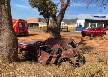 Carro fica destruído após bater em duas árvores, mas jovem sobrevive em Minas -  (crédito: Corpo de Bombeiros/Reprodução)