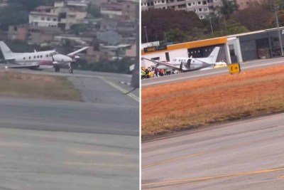Uma das asas e parte da fuselagem do avi&atilde;o se chocaram contra o solo ap&oacute;s, aparentemente, um dos trens de pouso falhar -  (crédito: Reprodu&ccedil;&atilde;o)