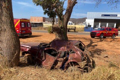 Carro fica destruído após bater em duas árvores, mas jovem sobrevive em Minas -  (crédito: Corpo de Bombeiros/Reprodução)
