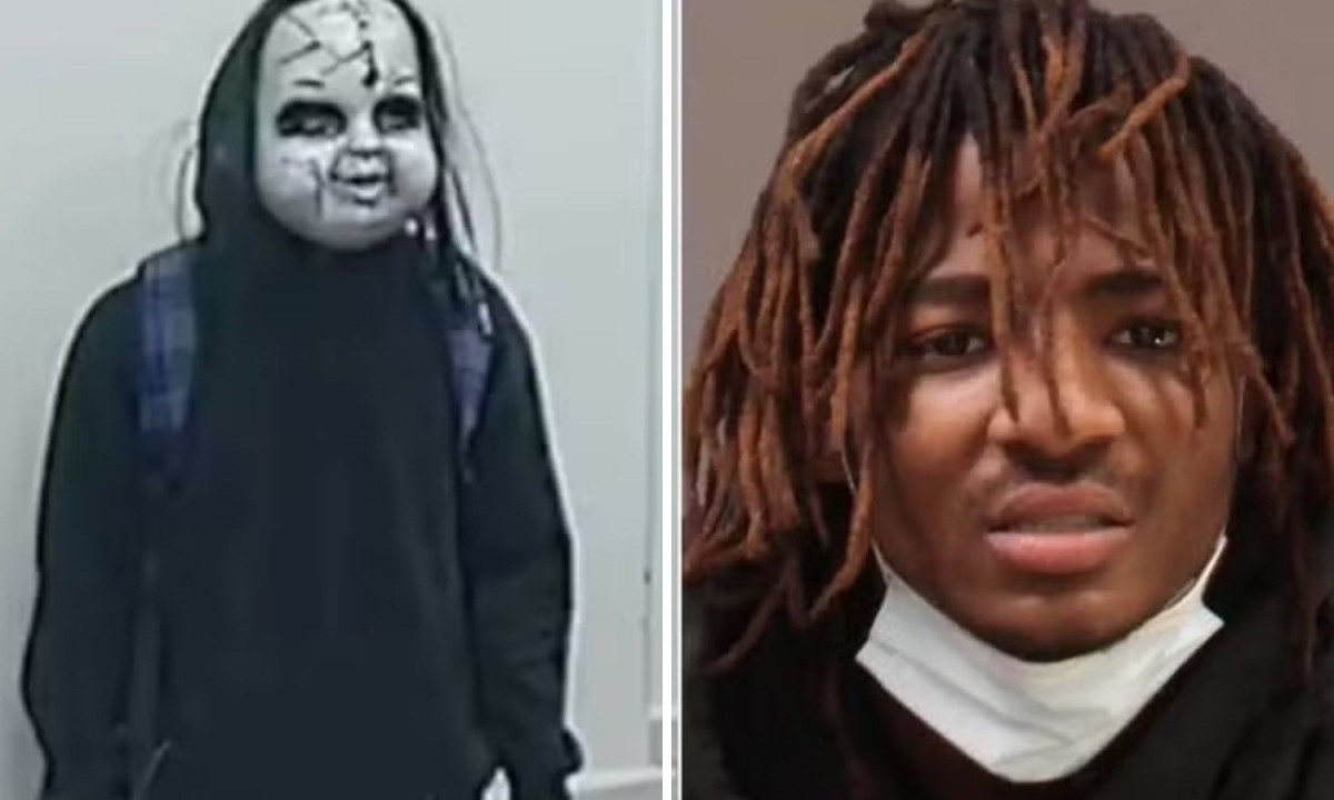 Zymire Hughes, à esquerda mascarado com Chucky durante os ataques e à direita, na foto de registro após sua prisão por aterrorizar pessoas na Filadélfia - (crédito: Reprodução/PhillyPolice)