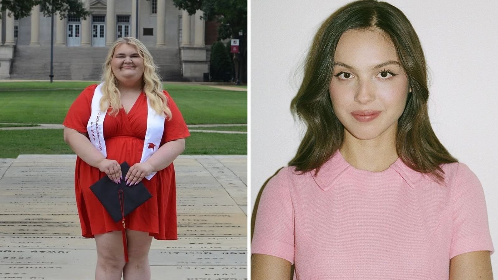 Jamie Causey (e), a estudante cuja formatura foi financiada por Olivia Rodrigo (d), em imagem que une as duas mulheres. -  (crédito: Redes sociais)