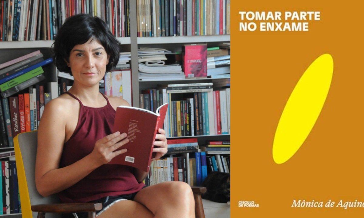 A poeta Mônica de Aquino e a capa do livro Tomar parte no enxame - (crédito: Juarez Rodrigues/EM/D.A Press e Círculo de poemas/Reprodução)