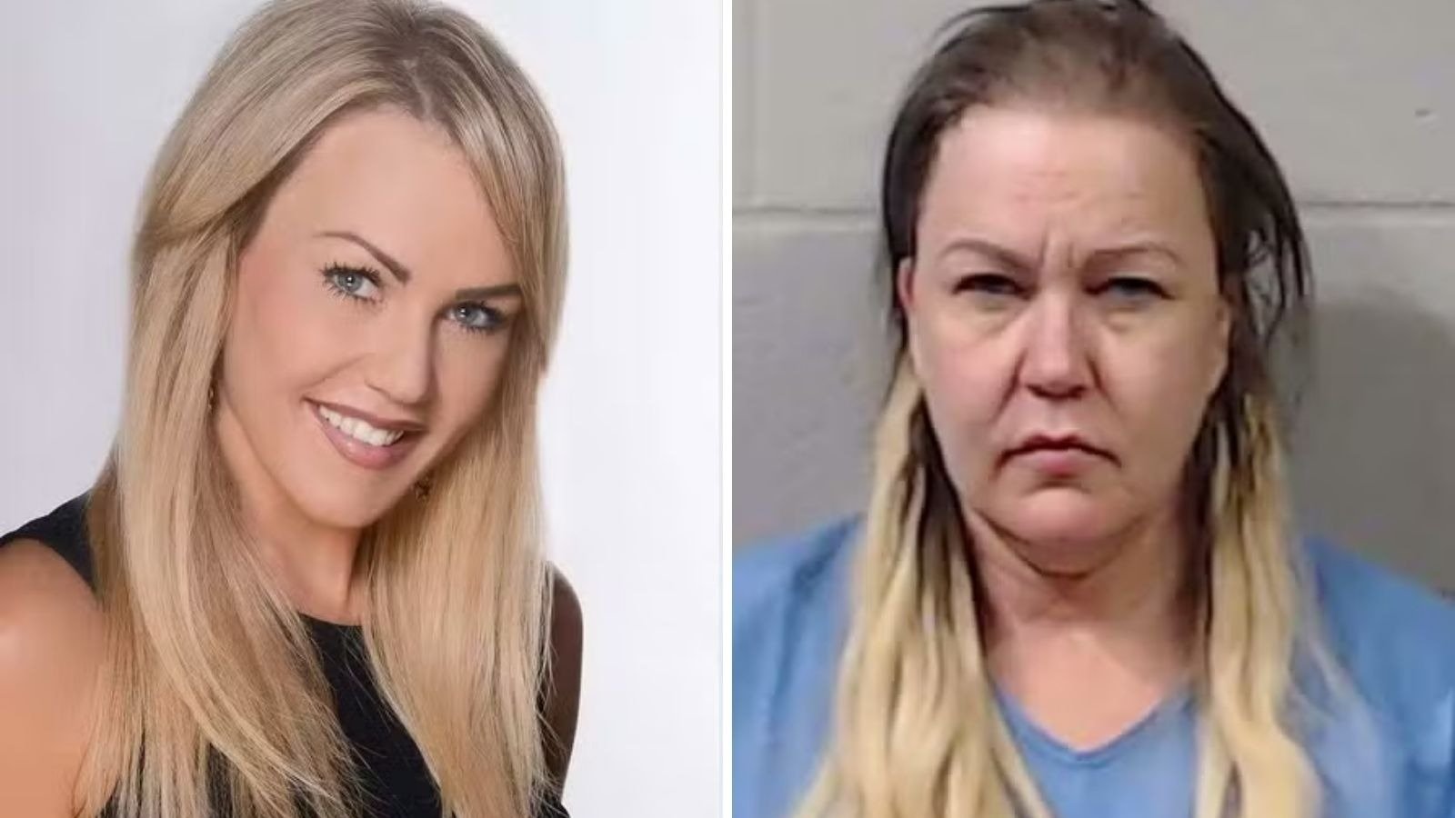 A ex-apresentadora da Fox News, Angelynn Mock, &eacute; vista em duas fases: antes como jornalista e depois em foto da pris&atilde;o ap&oacute;s confessar o assassinato da m&atilde;e -  (crédito: Reprodu&ccedil;&atilde;o)