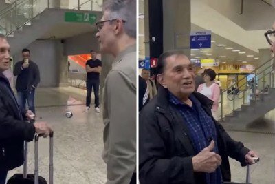 O candidato Romeu Zema encontra o humorista Ded&eacute; Santana em um aeroporto, questionando sobre o ex-colega Didi (Renato Arag&atilde;o) -  (crédito: Redes sociais)