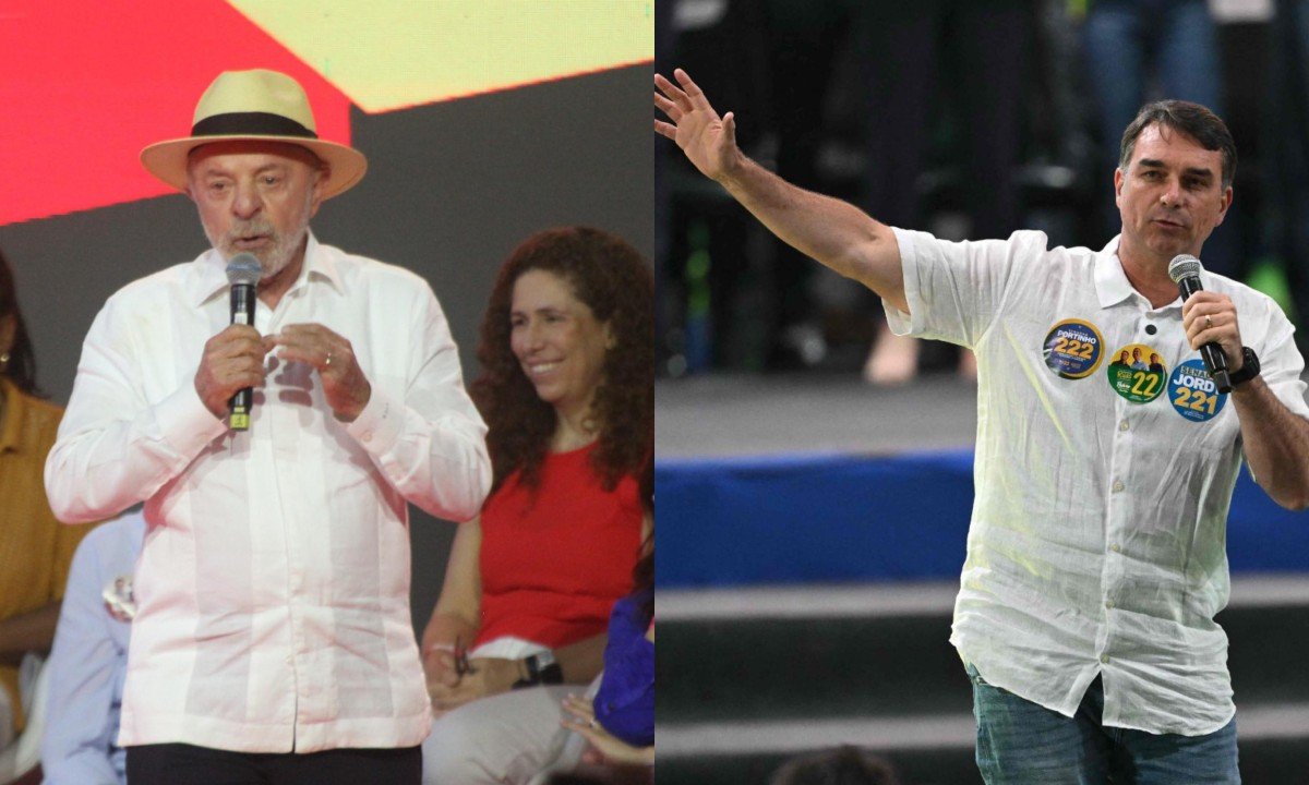 O presidente Lula e o senador Flávio Bolsonaro durante a campanha eleitoral de 2026 - (crédito: Edésio Ferreira/EM/DA Press e Mauro Pimentel/AFP)