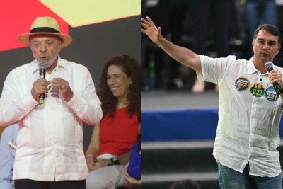 O presidente Lula e o senador Flávio Bolsonaro durante a campanha eleitoral de 2026 -  (crédito: Edésio Ferreira/EM/DA Press e Mauro Pimentel/AFP)