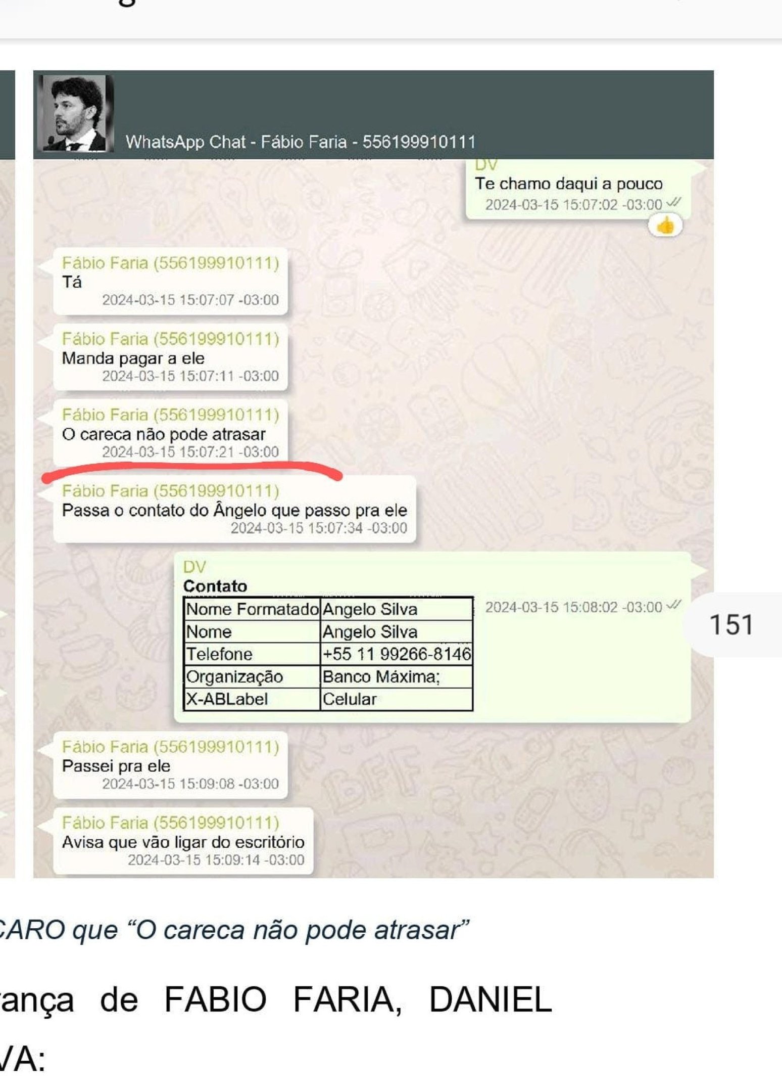 Print do celular de Daniel Vorcaro em conversa Fábio Faria-Reprodução