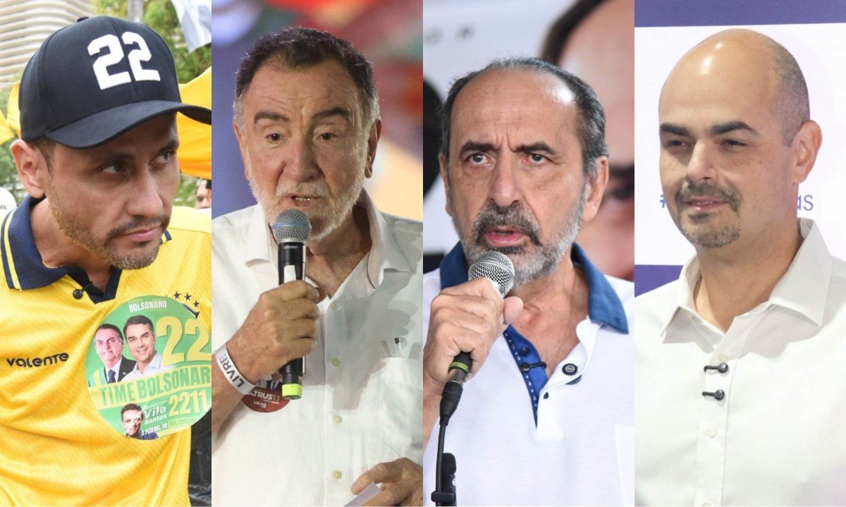 Cleitinho lidera no primeiro turno. Patrus, Kalil e Simões estão empatados em 2º - (crédito: Gladyston Rodrigues e Marcos Vieira/EM/D.A. Press)
