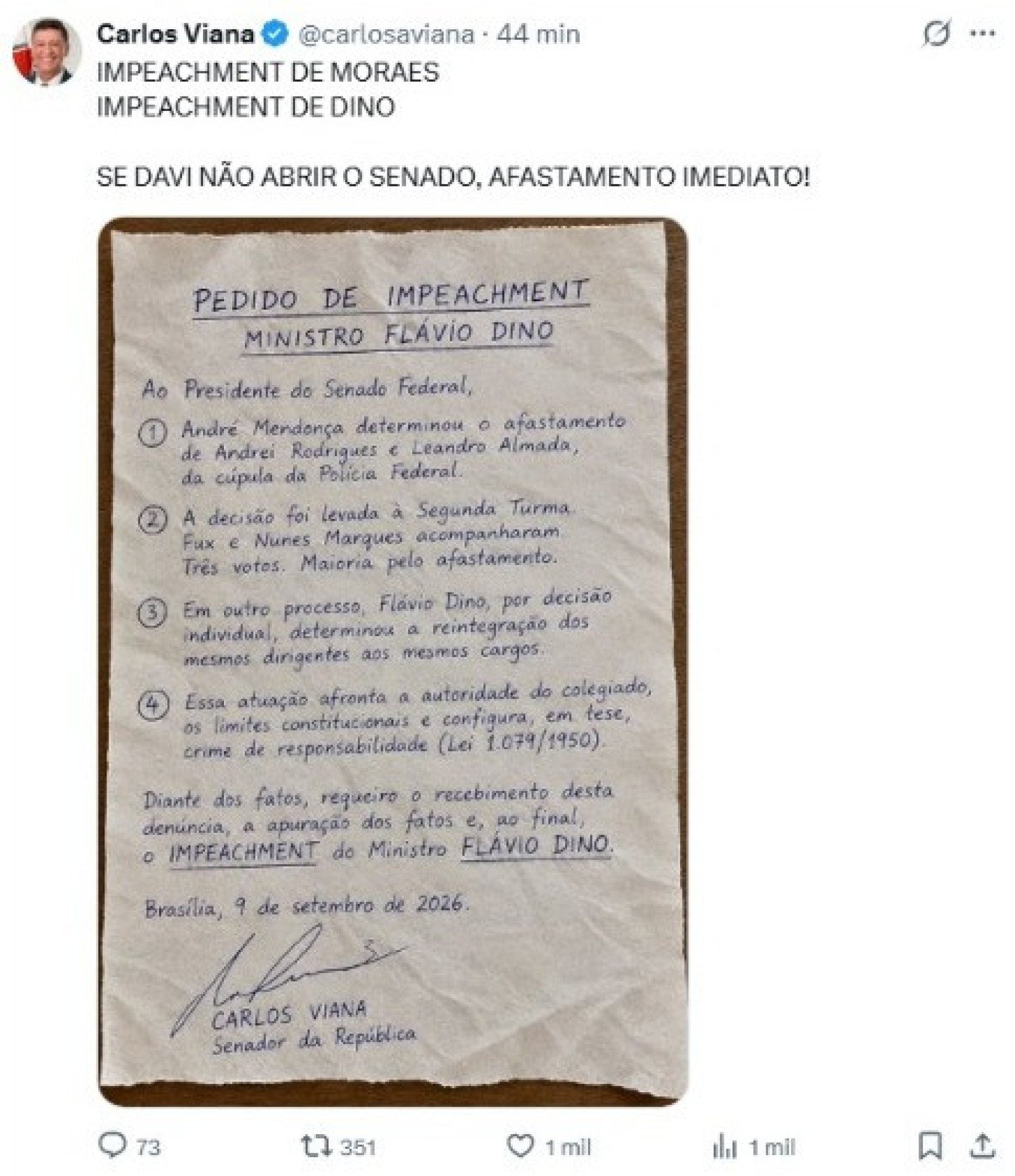 Postagem onde Carlos Viana teria feito requerimento sobre o impeachment de Dino foi apagado momentos ap&oacute;s a publica&ccedil;&atilde;o