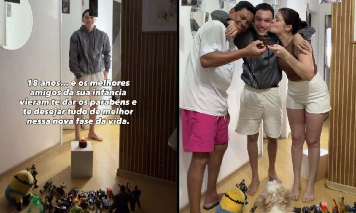 Mãe reúne brinquedos e fotos da infância para celebrar 18 anos do filho e vídeo emocionante viraliza - (crédito: Tupi)