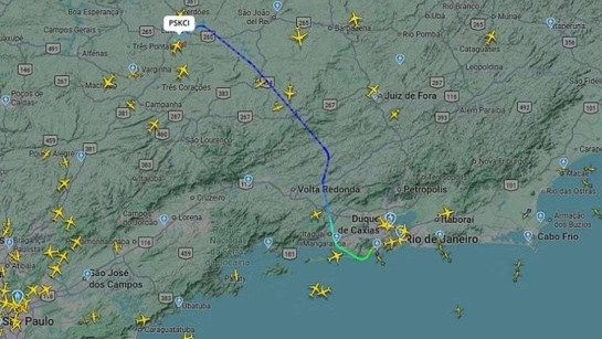 A rota do voo da aeronave PSKCI, que teve &aacute;udio entre piloto e torre de controle viralizado, exemplifica o monitoramento a&eacute;reo -  (crédito: Flight Radar 24 / Reprodu&ccedil;&atilde;o)