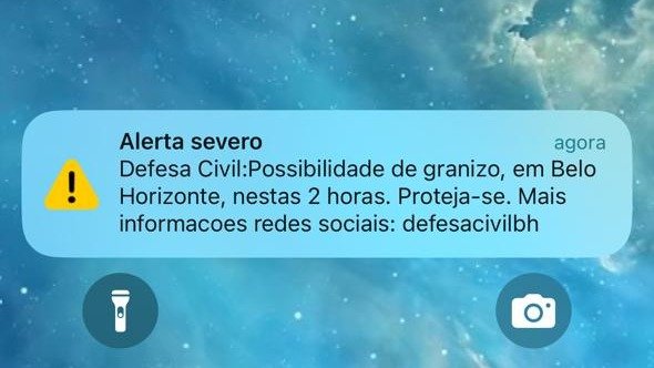 Alerta de granizo da Defesa Civil enviado aos moradores de Belo Horizonte, conforme mecanismo de comunica&ccedil;&atilde;o do &oacute;rg&atilde;o -  (crédito: EM / D.A Press)