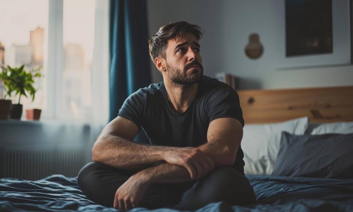 A man with a worried expression sits on a bed in a sunlit room, capturing a sense of introspection and solitude.
- (crédito: standretcompany)