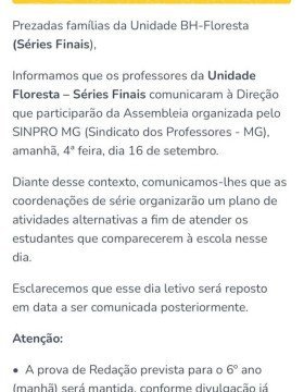 Carta do Col&eacute;gio Batista, unidade Floresta, para a comunidade escolar