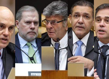 Os ministros Alexandre de Moraes, Dias Toffoli, Luiz Fux, Nunes Marques e André Mendonça aparecem em mensagens extraídas pela Polícia Federal do celular de Vorcaro e documentos apontam contatos com os cinco magistrados -  (crédito: STF)