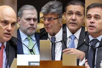 Os ministros Alexandre de Moraes, Dias Toffoli, Luiz Fux, Nunes Marques e André Mendonça aparecem em mensagens extraídas pela Polícia Federal do celular de Vorcaro e documentos apontam contatos com os cinco magistrados -  (crédito: STF)
