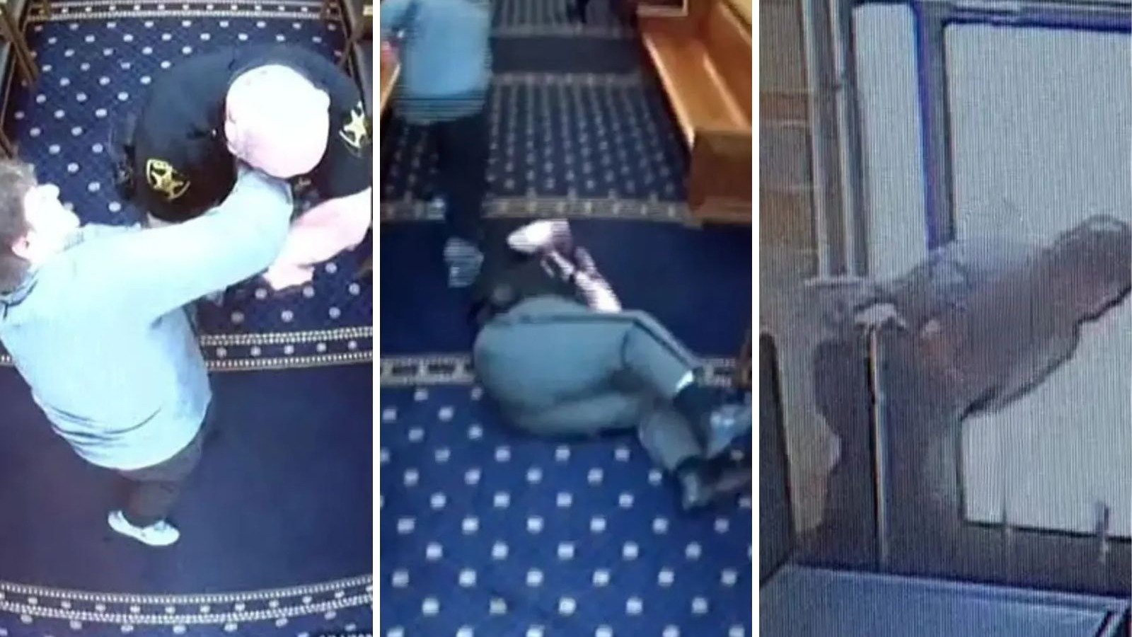 As imagens de c&acirc;mera de seguran&ccedil;a registram o momento da tentativa de fuga e agress&atilde;o aos policiais pelo condenado em um tribunal de Ohio -  (crédito: Reprodu&ccedil;&atilde;o)